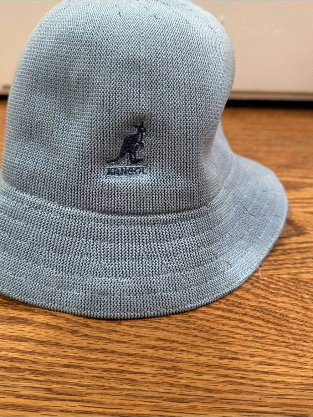 Kangol Pale Blue Knit Bucket Hat with Kangaroo Logo
